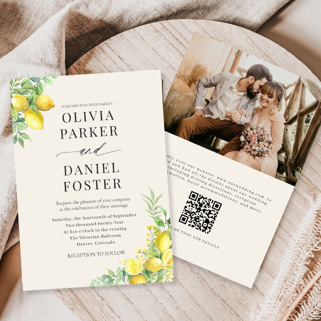 Convite Watercolor Lemon QR Code Photo Wedding (Criador carregado)