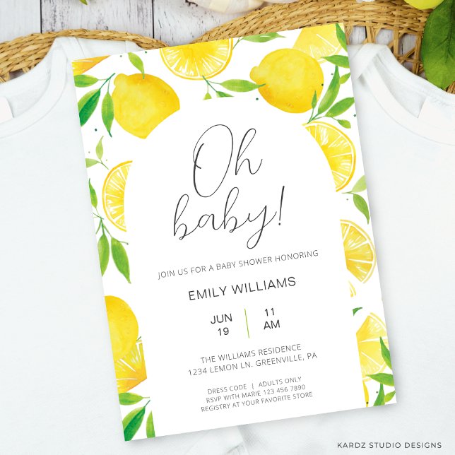Convite Watercolor Lemon Summer Oh Baby Chá de fraldas (Citrus Lemon Baby Shower Invitation is shown in size 5 x 7 in. Digital download available.)