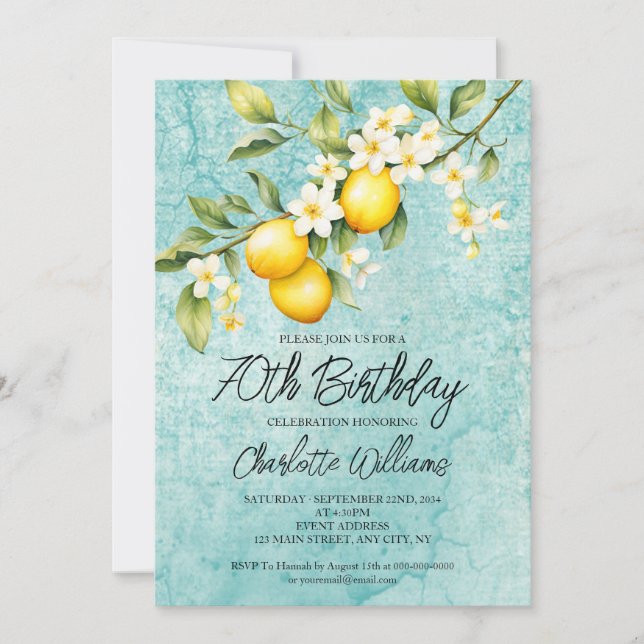 Convite Watercolor Lemon Themed 70 Birthday (Frente)