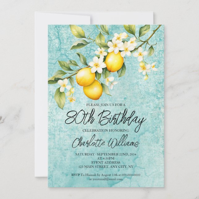 Convite Watercolor Lemon Themed 80 Birthday (Frente)