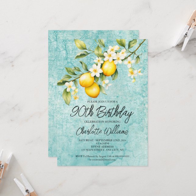 Convite Watercolor Lemon Themed 90 Birthday (Frente/Verso In Situ)