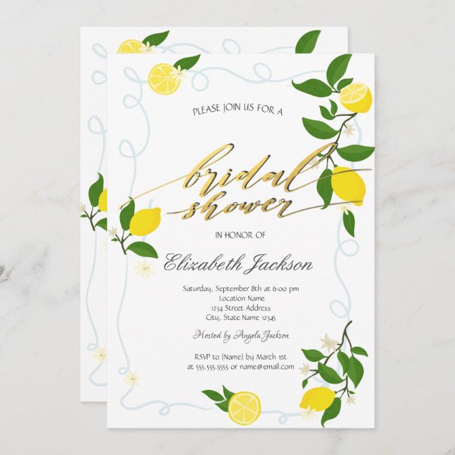 Convite Watercolor Lemons Frame Bridal Shower  (Frente/Verso)