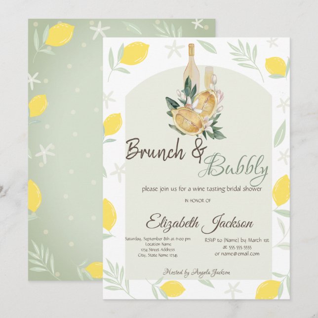 Convite Watercolor Lemons Frame Brunch e Bubble (Frente/Verso)