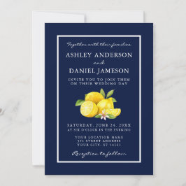 Convite Watercolor Lemons Greenery Blue Weding