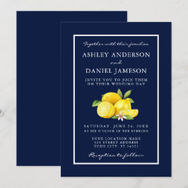 Convite Watercolor Lemons Greenery Blue Weding