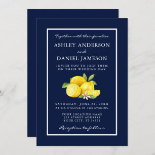 Convite Watercolor Lemons Greenery Blue Weding