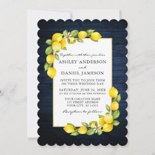 Convite Watercolor Lemons Greenery Blue Wood Casamento