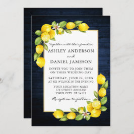 Convite Watercolor Lemons Greenery Blue Wood Casamento