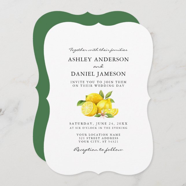 Convite Watercolor Lemons Greenery Casamento GB (Frente/Verso)
