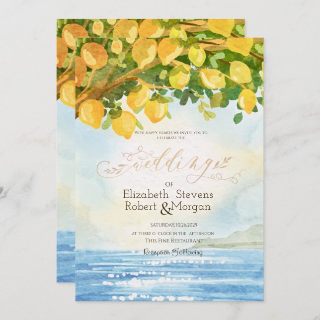 Convite Watercolor Lemons Ocean Wedding (Frente/Verso)
