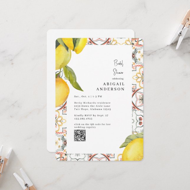 Convite Watercolor Lemons Rounded Bridal Shower  (Frente/Verso In Situ)