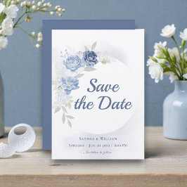 Convite Watercolor Light Blue Floral Wedding Save the Date