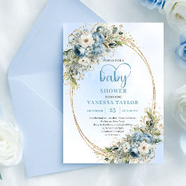 Convite Watercolor Light Blue Flowers Gold Baby Shower 