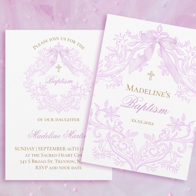 Convite  watercolor lilac bow Baptism (Criador carregado)