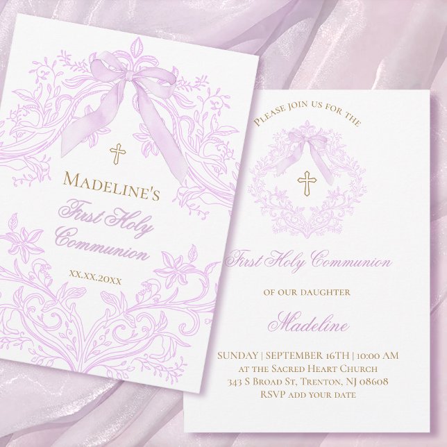 Convite watercolor lilac crest First Holy Communion (Criador carregado)