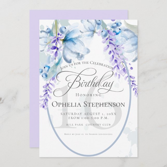 Convite Watercolor Lilac-Dusty Blue Milestone Aniversário (Frente/Verso)