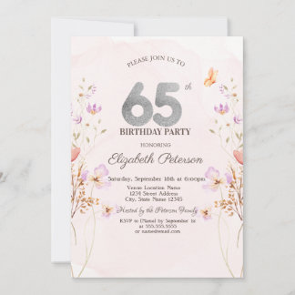 Convite Watercolor Lilac Wildflowers Purple 65th Birthday