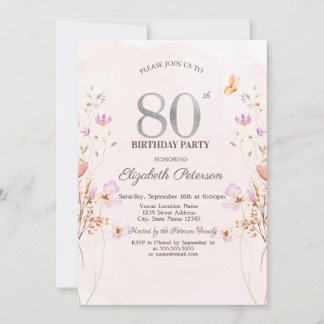 Convite Watercolor Lilac Wildflowers Purple 80th Birthday