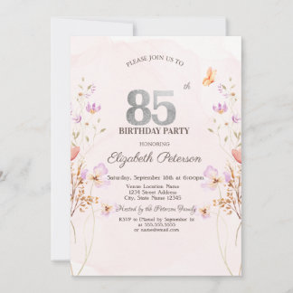 Convite Watercolor Lilac Wildflowers Purple 85th Birthday