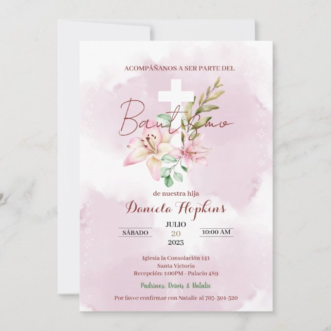 Convite Watercolor lily baptism invitation (Frente)