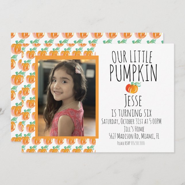 Convite Watercolor Little Halloween Pumpkin Foto (Frente/Verso)