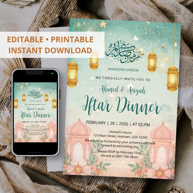 Convite Watercolor Magical Teal and Peach Iftar Invitation (Criador carregado)