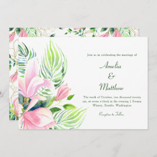 Convite Watercolor Magnolia Flower em Casamento Rosa
