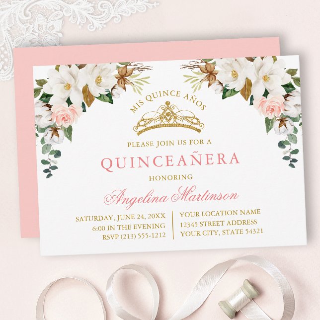 Convite Watercolor Magnolias Pink Roses Gold Quinceanera (Customize to change text color, text style or color of back of card.)