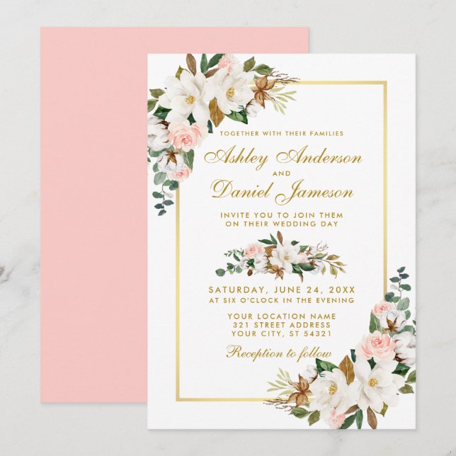 Convite Watercolor Magnolias Rosas Floral Casamento Dourad (Frente/Verso)