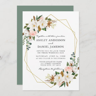Convite Watercolor Magnolias Rosas Geo Wedding Sage Green