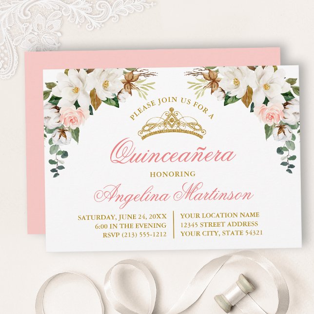 Convite Watercolor Magnolias Rosas Rosa Rosa Quinceanera (Customize to change text color, size, style or to change color of back of card.)