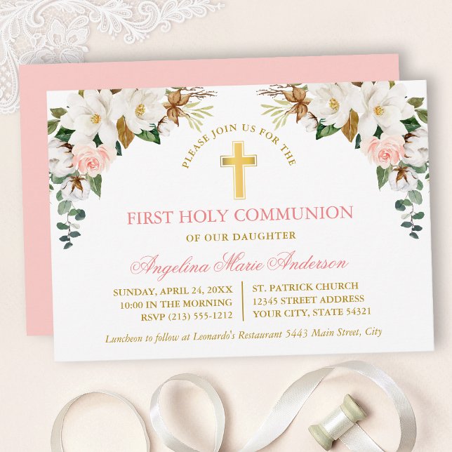 Convite Watercolor Magnolias Roses Gold Communion (Customize to change text color, text style or color of back of card.)