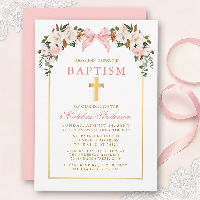 Convite Watercolor Magnolias Roses Pink Bow Gold Baptism (Customize to change text size, text style or color of back or card.)