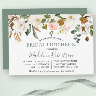 Convite Watercolor Magnoly Rosas Sage Green Bridal Lunch