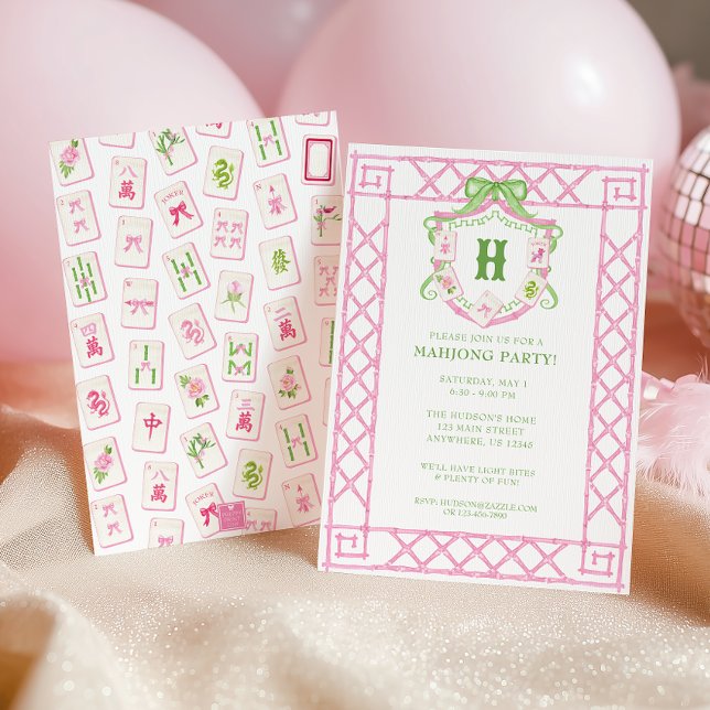 Convite Watercolor Mahjong Monogram Crest Bamboo Party (Criador carregado)