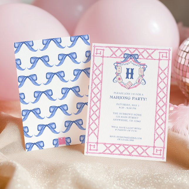 Convite Watercolor Mahjong Monogram Crest Bamboo Party (Criador carregado)