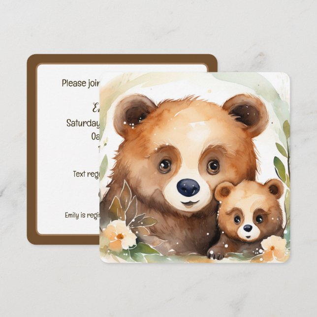 Convite Watercolor Mama Bear e Baby (Frente/Verso)
