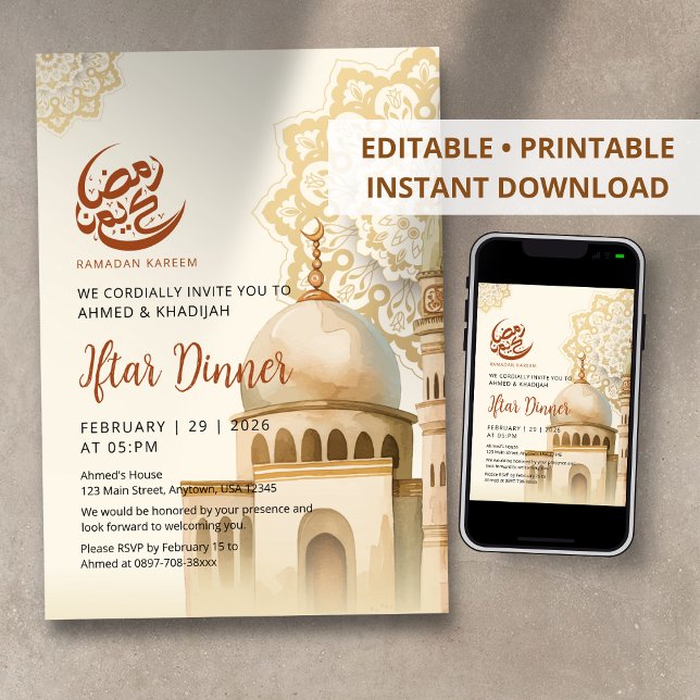 Convite Watercolor Mandala Mosque Ramadan Iftar Invitation (Criador carregado)