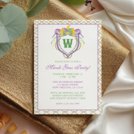 Convite Watercolor Mardi Gras Monogram Crest Party