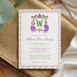 Convite Watercolor Mardi Gras Monogram Crest Party