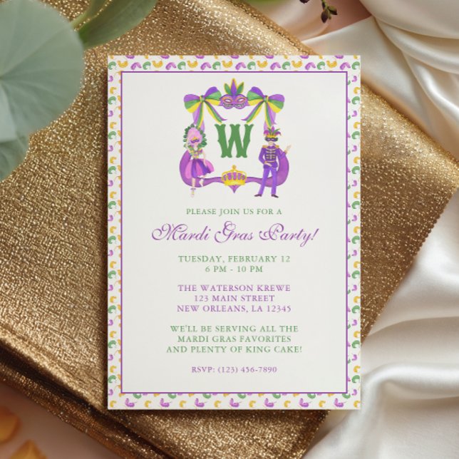 Convite Watercolor Mardi Gras Monogram Crest Party (Criador carregado)