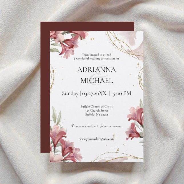 Convite Watercolor Maroon Floral Wedding Invitation (Criador carregado)