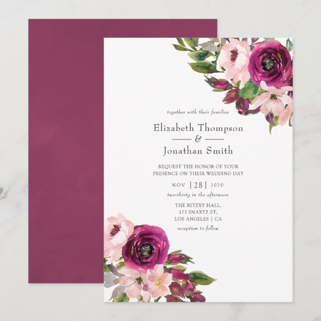 Convite Watercolor Marsala e Blush Floral Wedding (Frente/Verso)