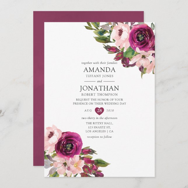 Convite Watercolor Marsala e Blush Floral Wedding (Frente/Verso)