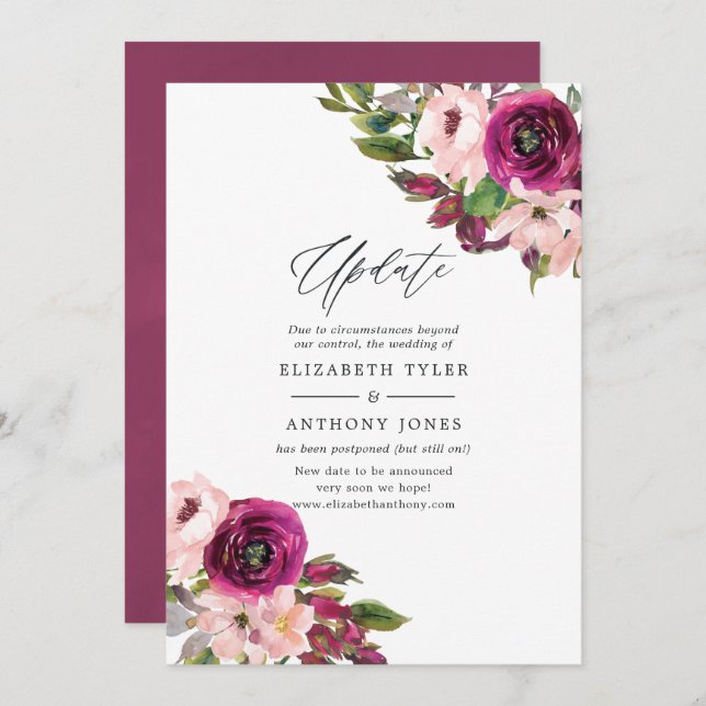 Convite Watercolor Marsala e Blush Floral Wedding Update (Frente/Verso)