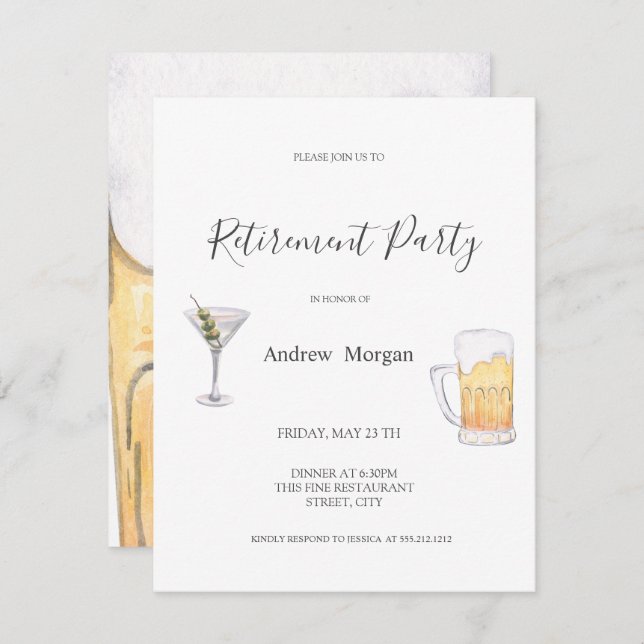 Convite Watercolor Martini, Beer Retirement Party (Frente/Verso)