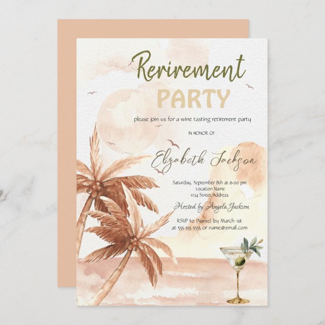 Convite Watercolor Martini Glass Rustic Palms Retirement  (Frente/Verso)