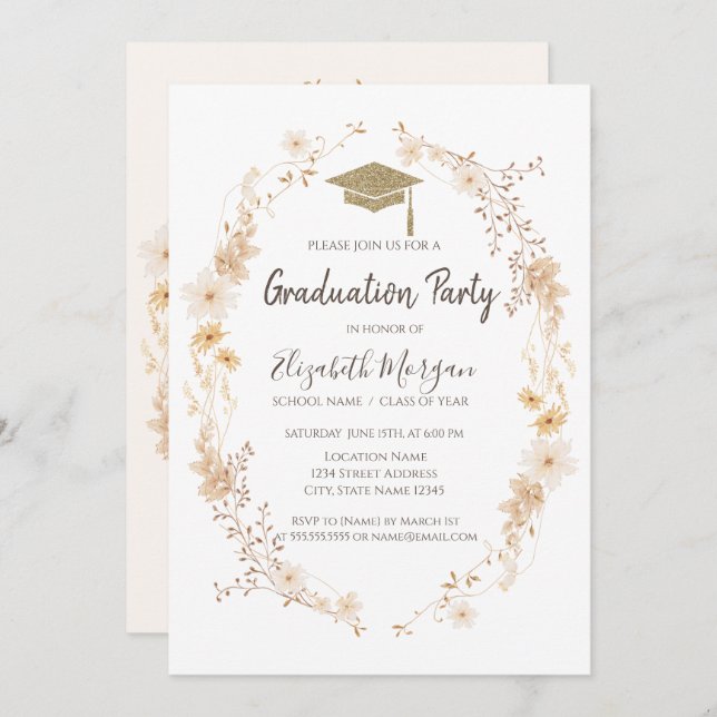 Convite Watercolor Meadow Flowers Glitter Cap Graduation  (Frente/Verso)