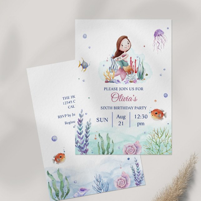 Convite Watercolor Meramaid Sealife Birthday (Watercolor Meramaid Sealife Birthday Invitation on table)