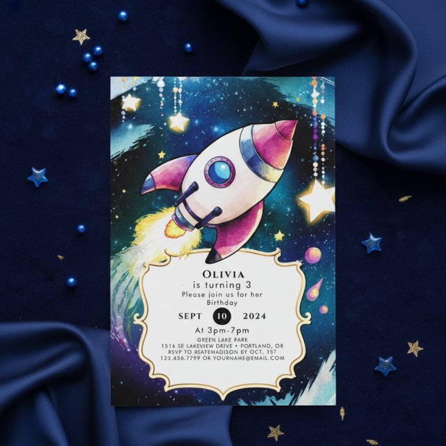 Convite Watercolor Meteor Rocket Birthday (Criador carregado)